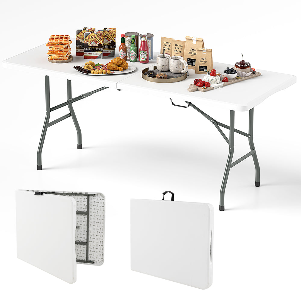 6 ft portable folding table with HDPE tabletop, ideal for outdoor use, featuring a fold-in-half design and 350 lbs.