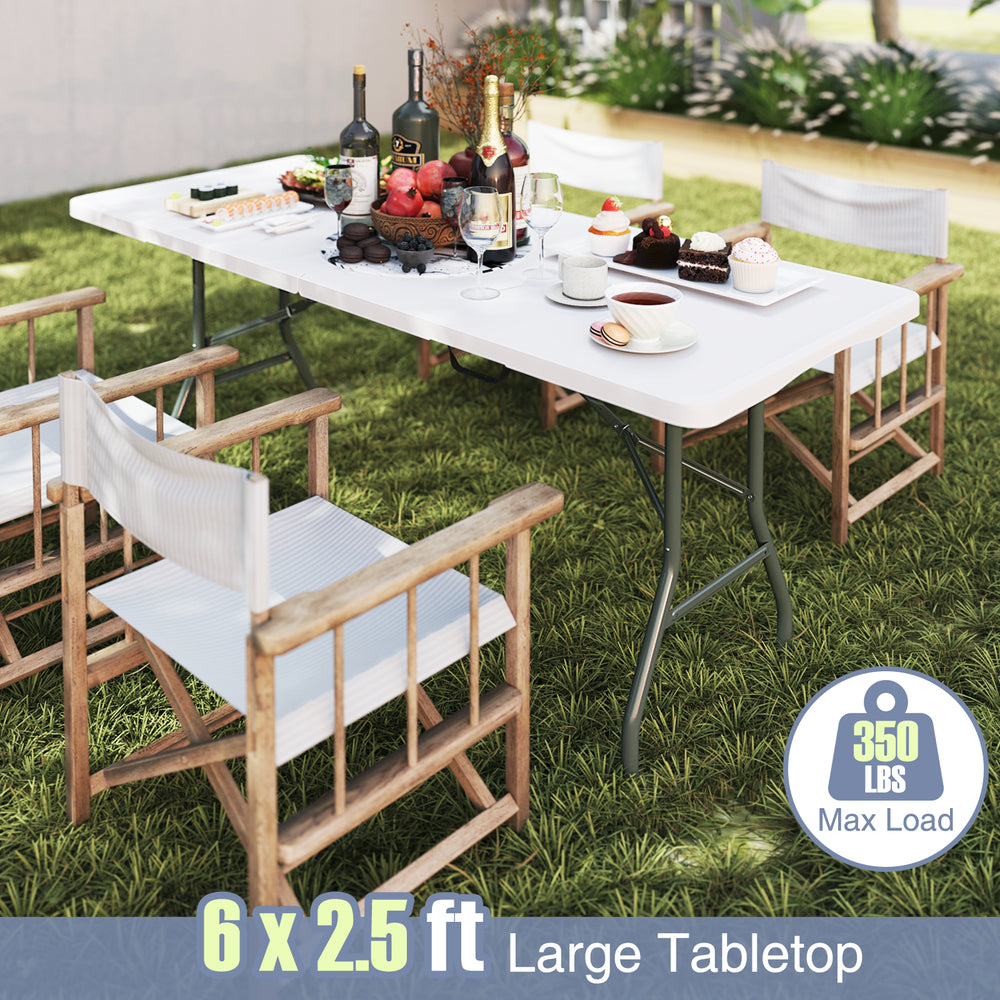 6 ft portable folding table with HDPE tabletop, honeycomb construction, and 350 lbs capacity, ideal for outdoor use.