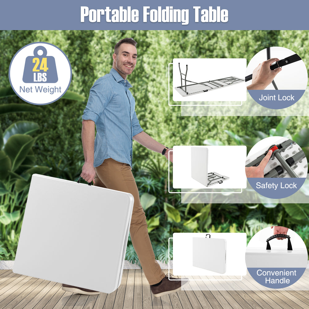Portable 6 ft folding table with white HDPE tabletop, carrying handle, and 350 lbs capacity for outdoor and indoor use.