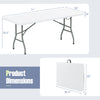 6 ft portable folding table with HDPE tabletop, dimensions shown, ideal for outdoor use and easy transport.