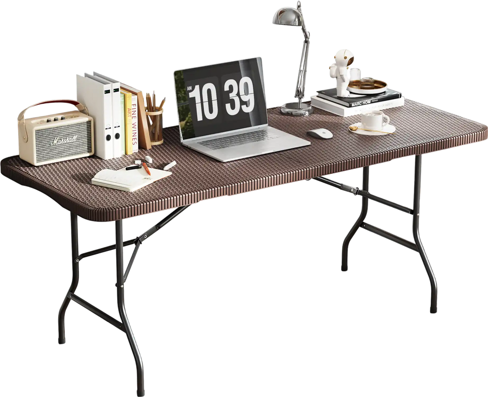 6 ft portable folding table with rattan-like HDPE tabletop, ideal for picnics and indoor use, featuring a safe lock.