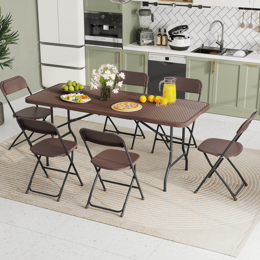 Portable 6 ft folding table with rattan-like HDPE tabletop, perfect for picnics and indoor gatherings.