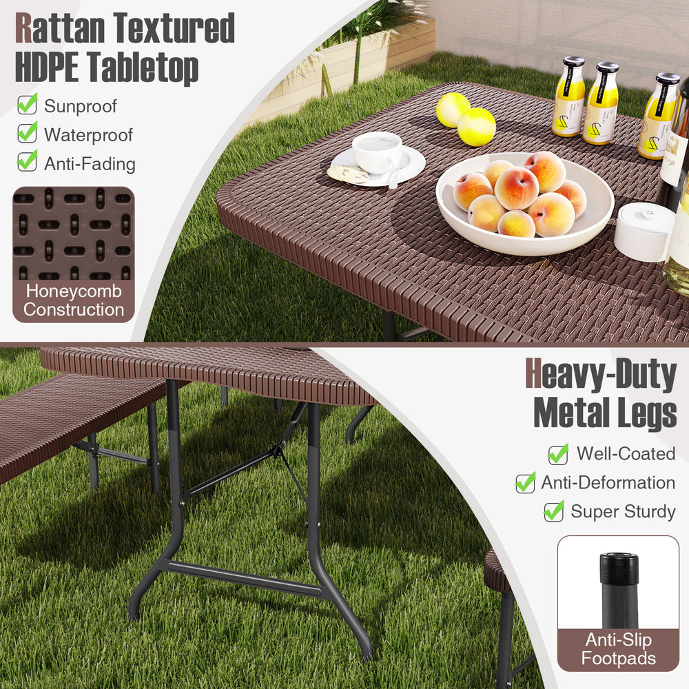 6 ft portable folding table with rattan-like HDPE tabletop and heavy-duty metal legs, perfect for outdoor picnics.