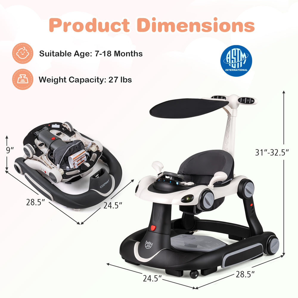 6-in-1 baby walker with adjustable height, removable canopy, and play platform for ages 7-18 months, perfect for.