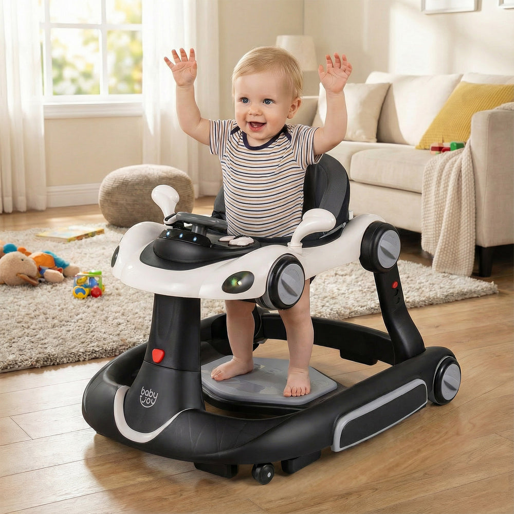6-in-1 baby walker in white with removable canopy, music, and adjustable height for versatile play and exploration.