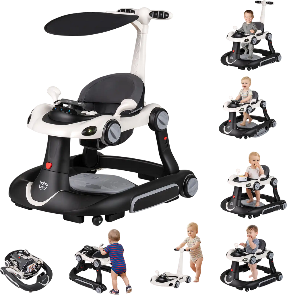 6-in-1 baby walker in white with removable canopy, adjustable height, and entertainment features for versatile use.