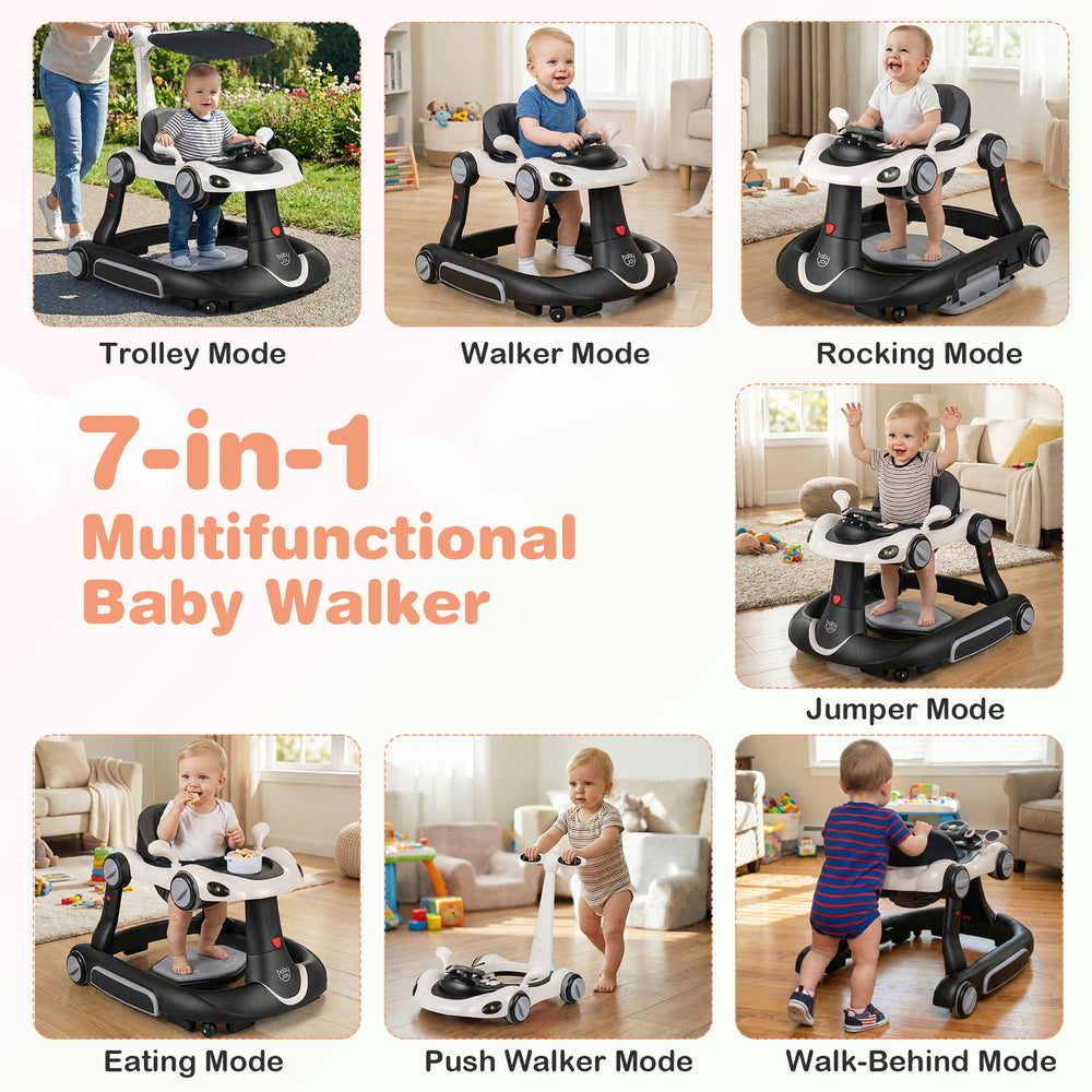 7-in-1 baby walker in various modes, featuring adjustable height, removable canopy, and entertaining play platform.