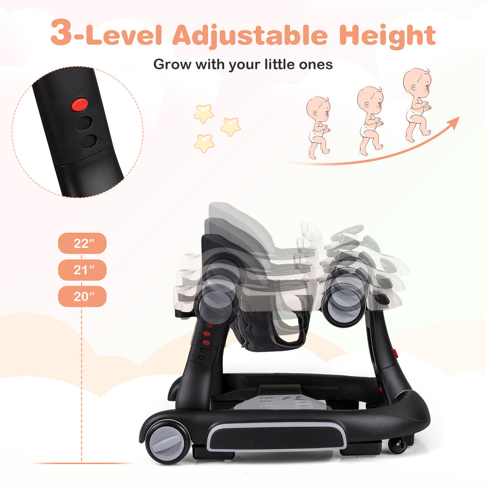 Adjustable height feature of the 6-in-1 baby walker, showcasing three height settings for growing infants.