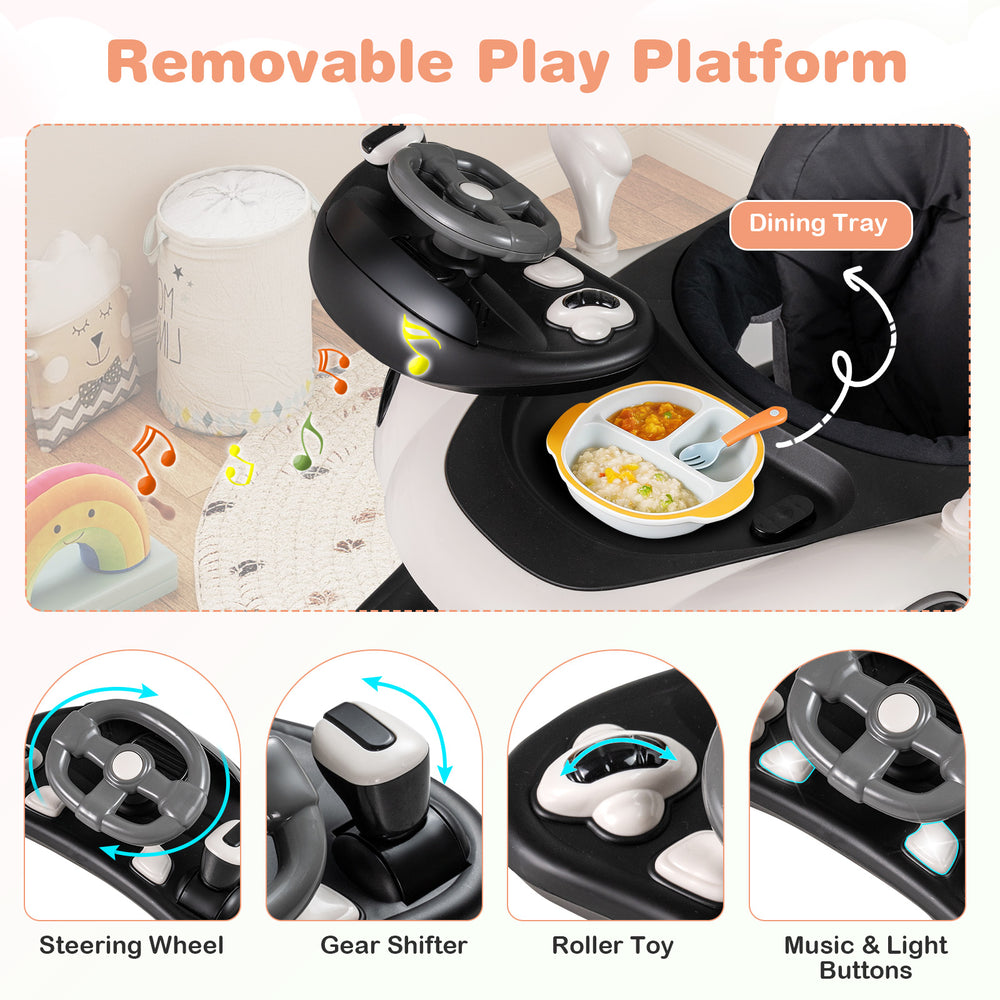 Removable play platform of a 6-in-1 baby walker with dining tray, steering wheel, and colorful lights for entertainment.