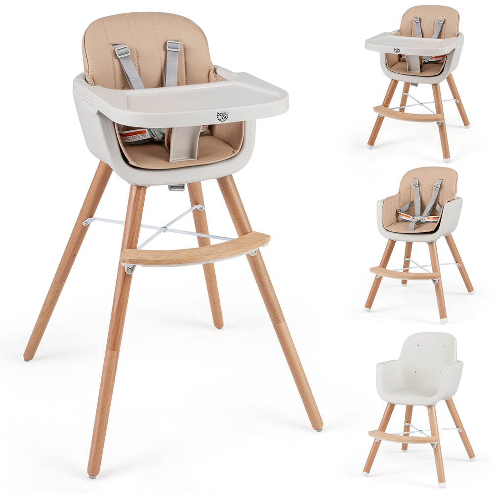 Convertible wooden highchair with light brown PU cushion, adjustable legs, and safety harness for secure mealtime.