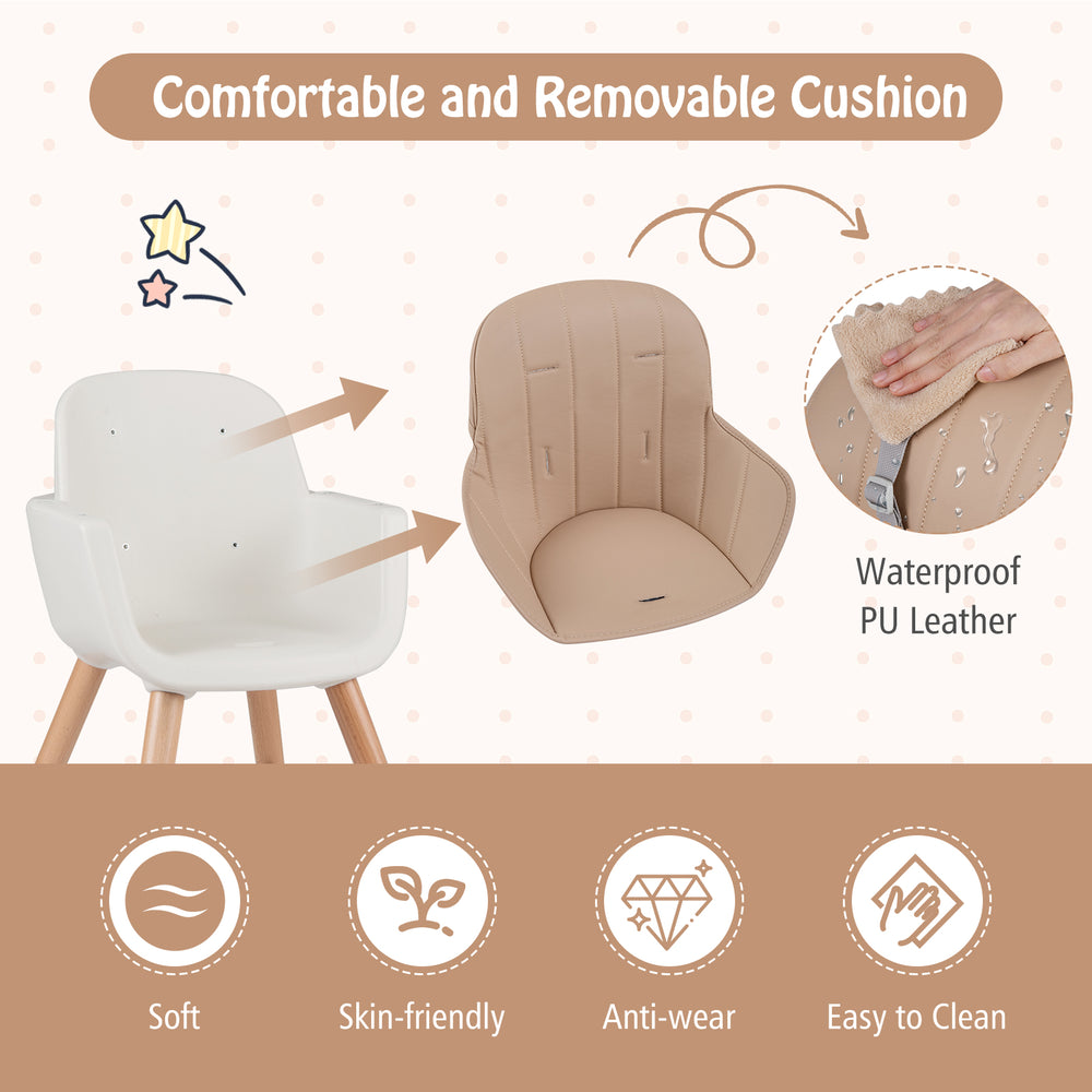 Comfortable waterproof PU leather cushion for 6-in-1 convertible wooden highchair, designed for baby safety and easy.