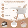 Adjustable 3-position food tray of the light brown 6-in-1 convertible wooden highchair, easy to detach and clean.