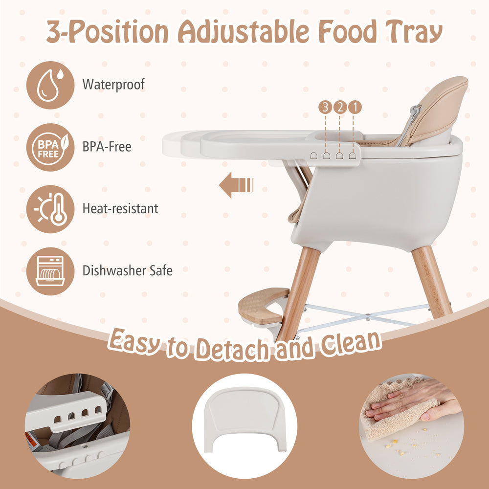 Adjustable 3-position food tray of the light brown 6-in-1 convertible wooden highchair, easy to detach and clean.