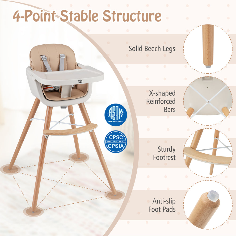 6-in-1 convertible wooden highchair with solid beech legs, safety harness, and anti-slip foot pads for stability.