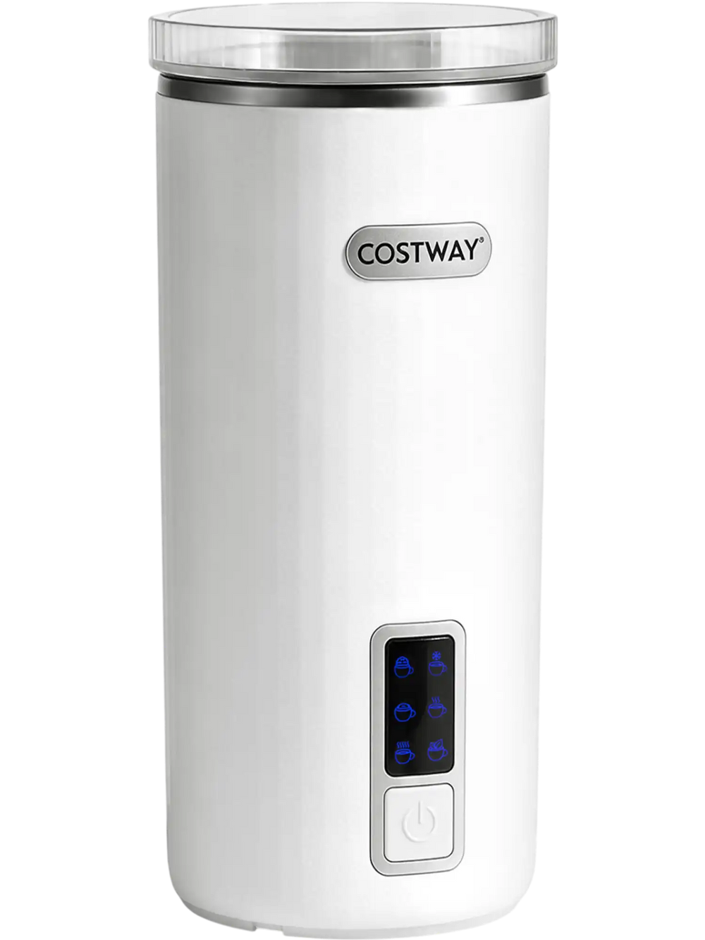 6-in-1 electric milk steamer in white with stainless steel interior, ideal for making rich foam and easy cleaning.