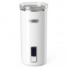 6-in-1 electric milk steamer in white with stainless steel interior, ideal for making rich foam and easy measuring.