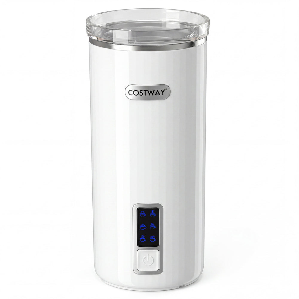 6-in-1 electric milk steamer in white with stainless steel interior, ideal for making rich foam and easy measuring.