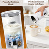Electric milk steamer with stainless steel interior, producing rich foam for coffee, ideal for home or outdoor use.