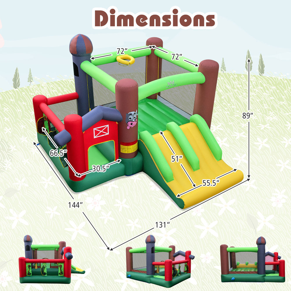 Colorful 6-in-1 inflatable bounce house with double slides, basketball hoop, and ball pit for kids' outdoor fun.