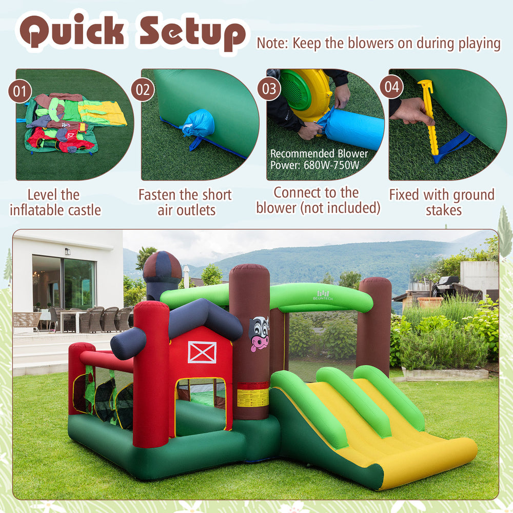 Brightly colored inflatable bounce house with double slides, mesh walls, and various games, ideal for kids' outdoor.