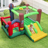 Colorful 6-in-1 inflatable bounce house with double slides, basketball hoop, and ball pit for outdoor fun.