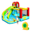Colorful 6-in-1 inflatable bounce house with water slide, climbing wall, and basketball hoop, ideal for backyard fun.