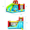Inflatable bounce house featuring a climbing wall, water slide, and basketball hoop, perfect for summer backyard fun.
