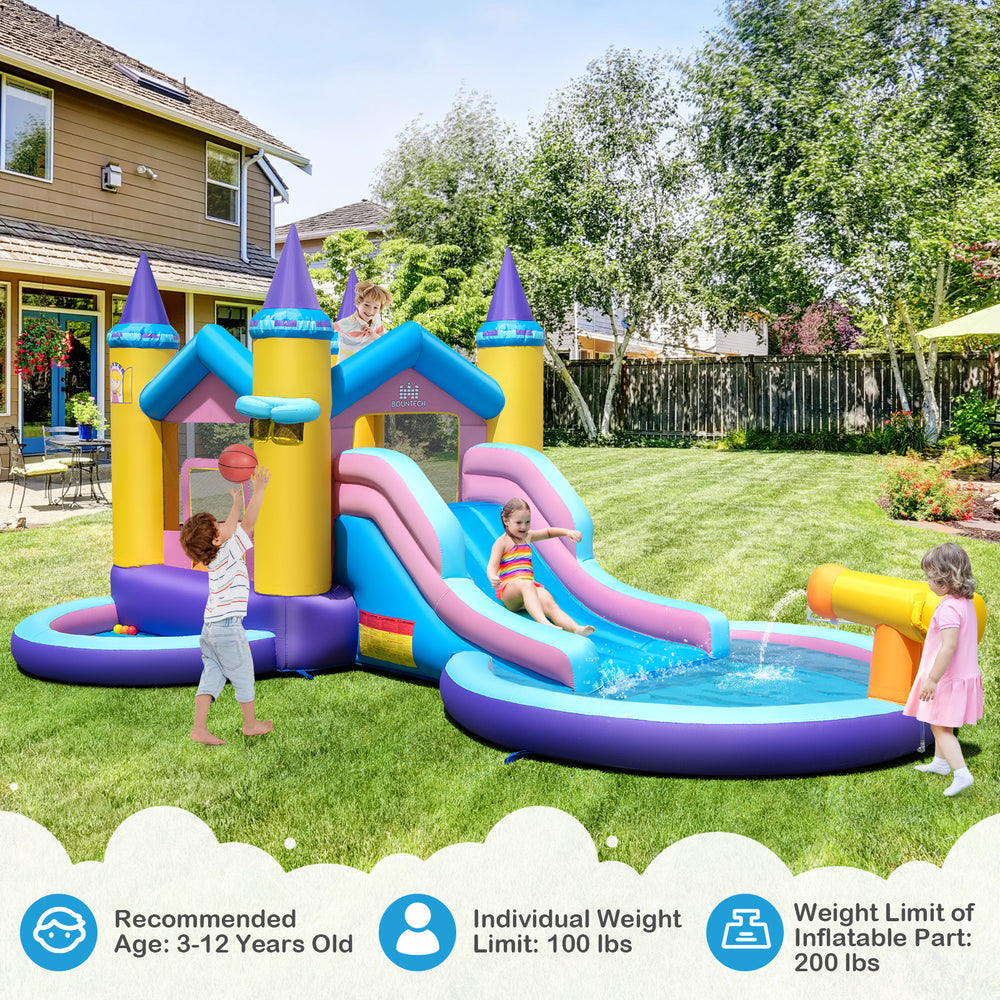 Colorful 6-in-1 inflatable kids water park with slide, splash pool, and basketball rim for outdoor fun.