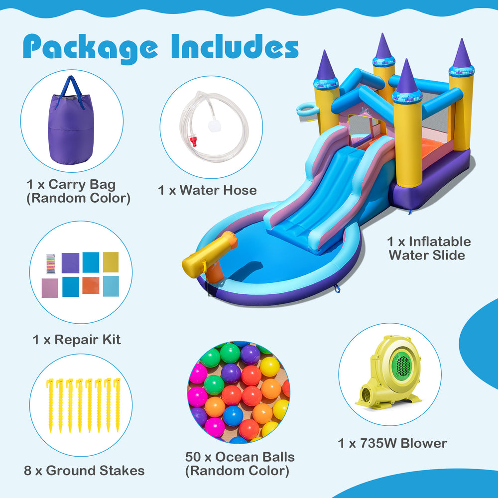6-in-1 inflatable kids water park with slide, water cannon, ball pit, and 735W blower for outdoor summer fun.