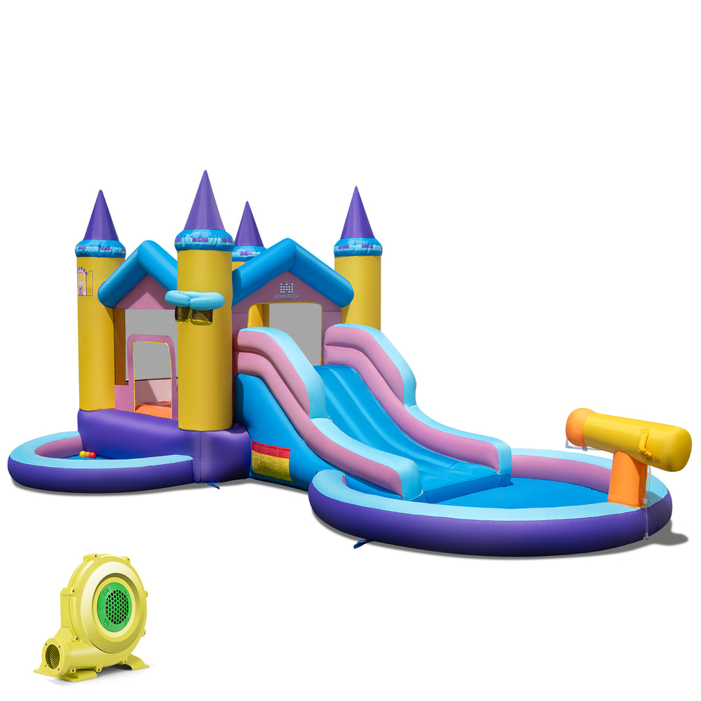 Inflatable 6-in-1 kids water park with slides, water cannon, and ball pit, perfect for summer fun and safe play.