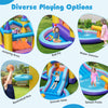 Inflatable kids water park featuring a jumping area, smooth slide, basketball rim, and splash pools for summer fun.