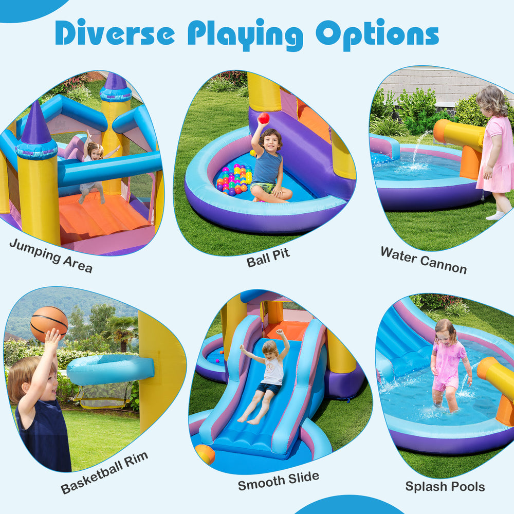 Inflatable kids water park featuring a jumping area, smooth slide, basketball rim, and splash pools for summer fun.