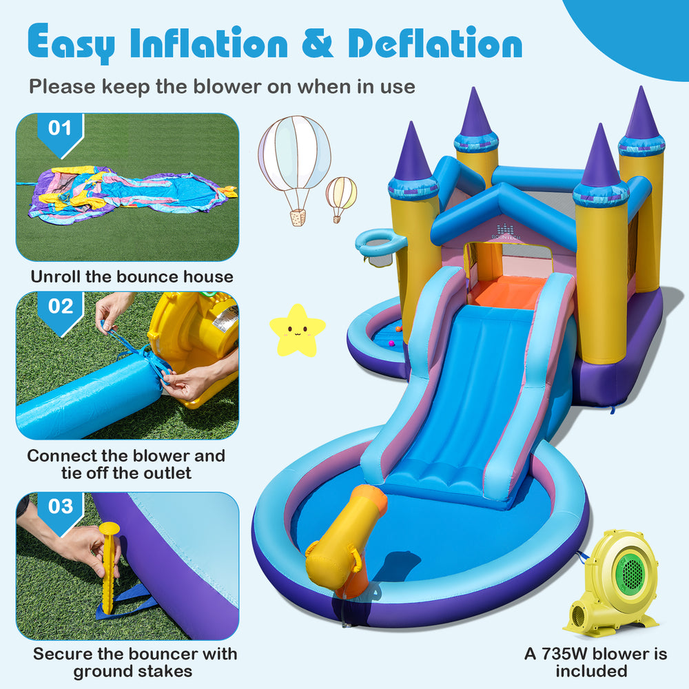 6-in-1 inflatable kids water park with slide, water cannon, and ball pit, perfect for summer fun and safe play.