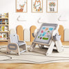 Multi-activity children table and chair set in gray and white, featuring a folding art easel for creative play.
