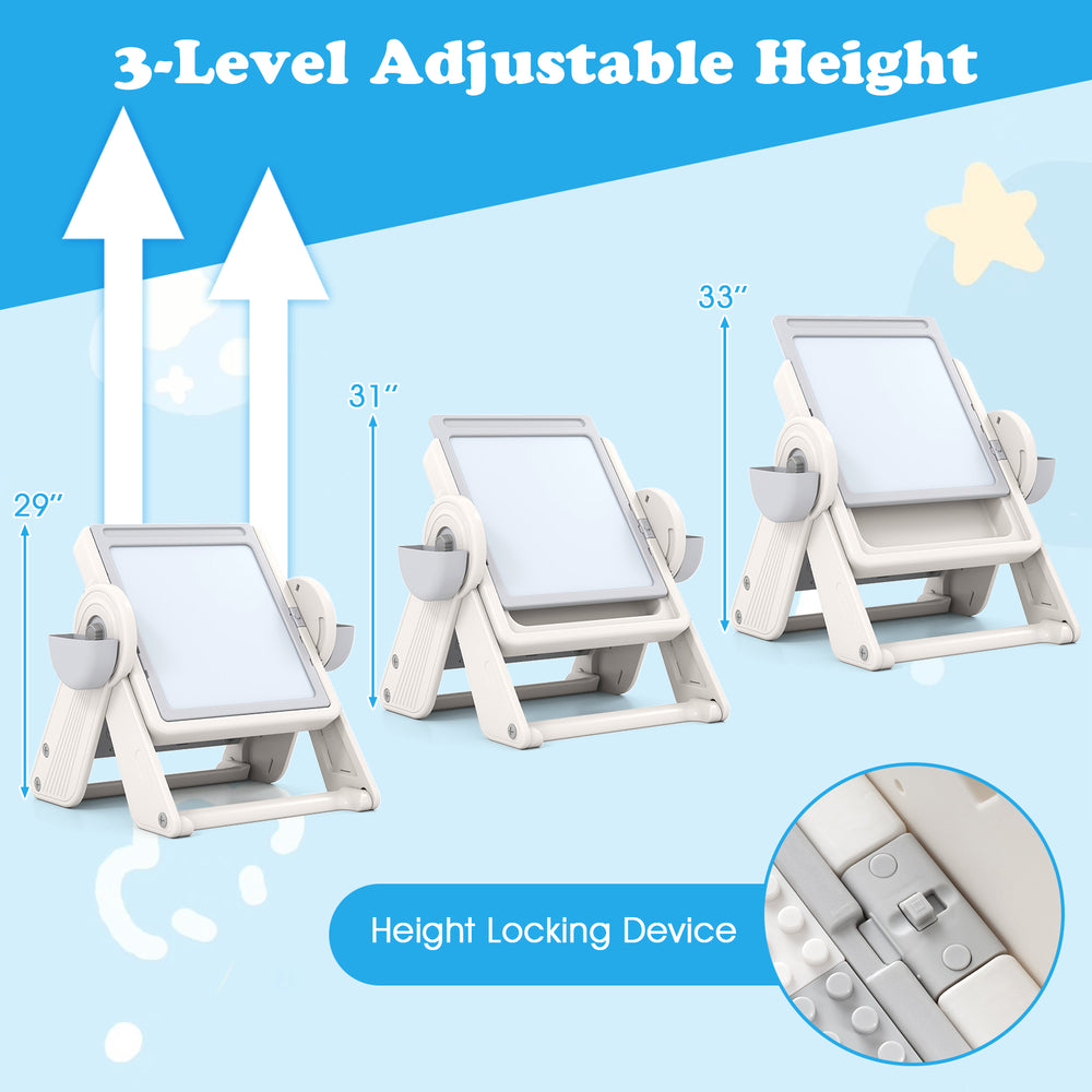 Adjustable height children’s easel set in gray and white, featuring a height locking device for versatile use.