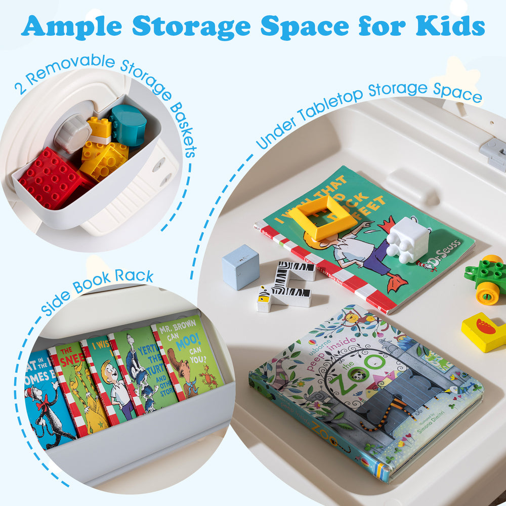 Multi-activity children's table set with under-table storage, removable baskets, and a slide book rack for organization.