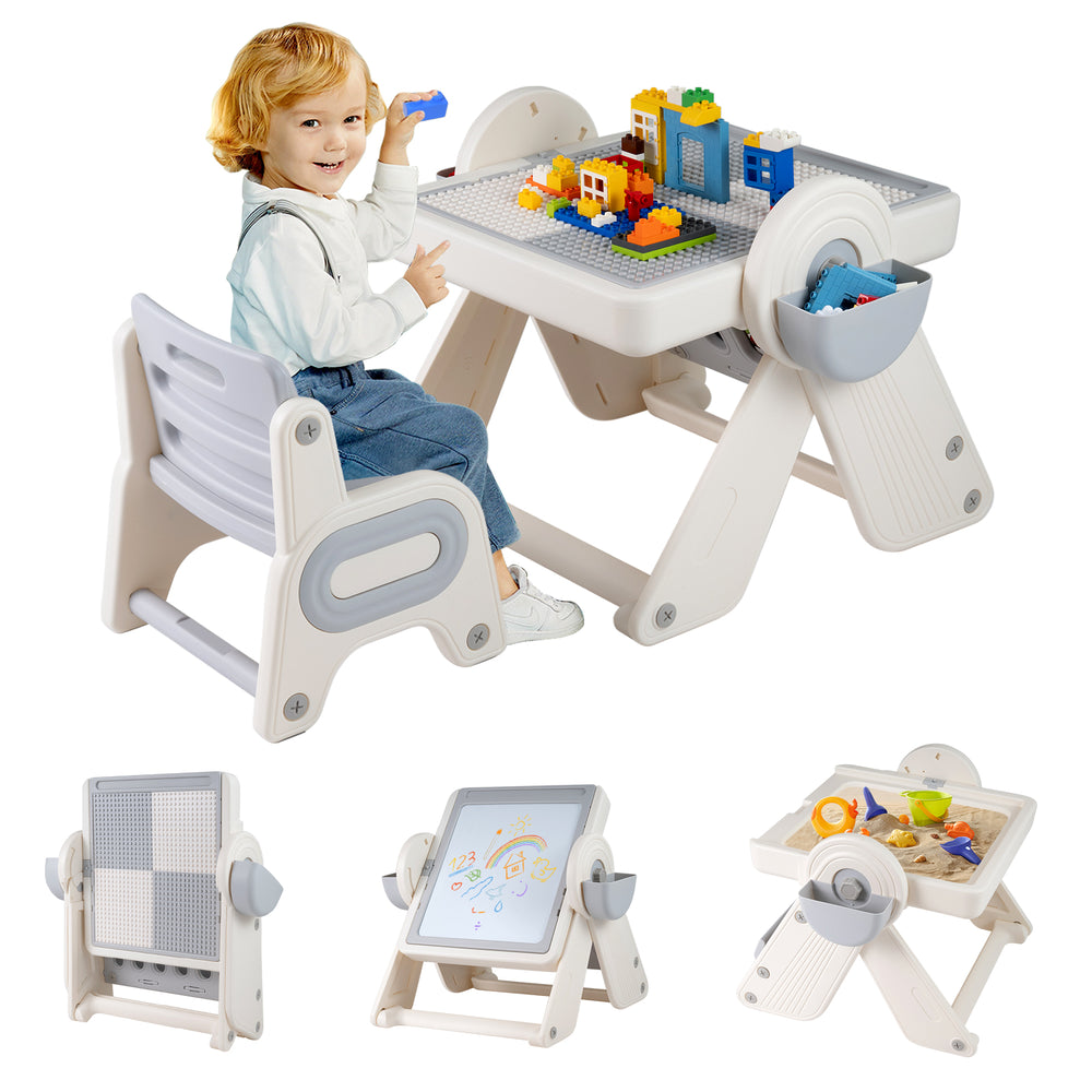 Multi-activity children table and chair set in gray and white, featuring a grooved tabletop for building blocks and.