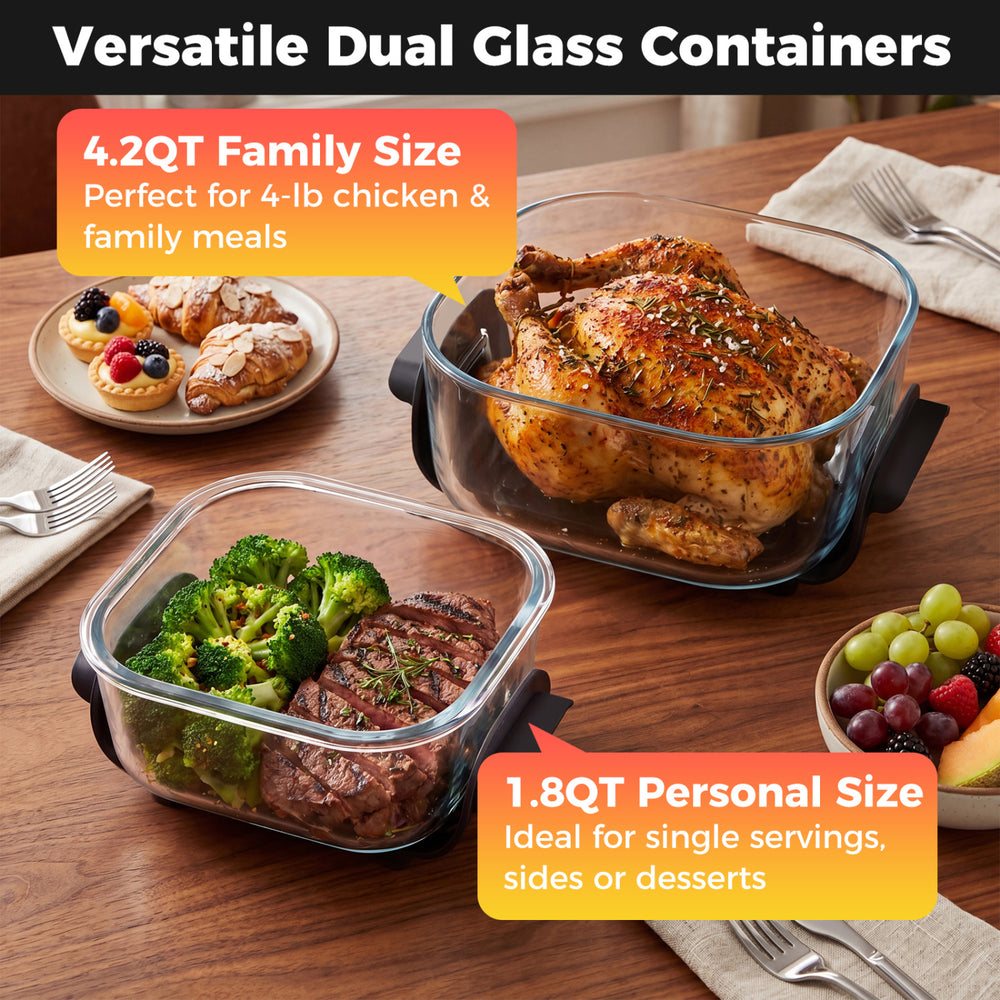 Versatile dual glass containers with lids, 4.2QT for family meals and 1.8QT for single servings, dishwasher safe.