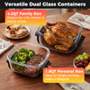 Versatile dual glass containers with lids, 4.2QT for family meals and 1.8QT for single servings, dishwasher safe.