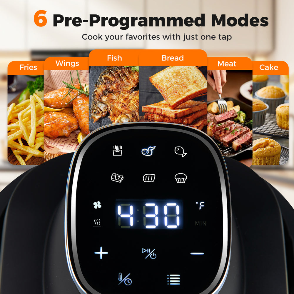 Control panel of the 6-in-1 Portable Glass Air Fryer with 6 pre-programmed modes for effortless cooking.