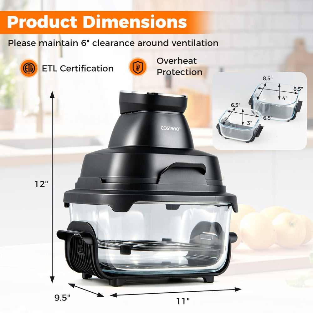 Dimensions of the 6-in-1 Portable Glass Air Fryer with dual containers, showcasing 1500W power and ETL certification.