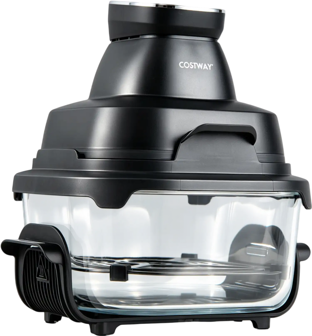 6-in-1 portable glass air fryer with dual containers, 1500W, dishwasher safe, ideal for family meals and personal.