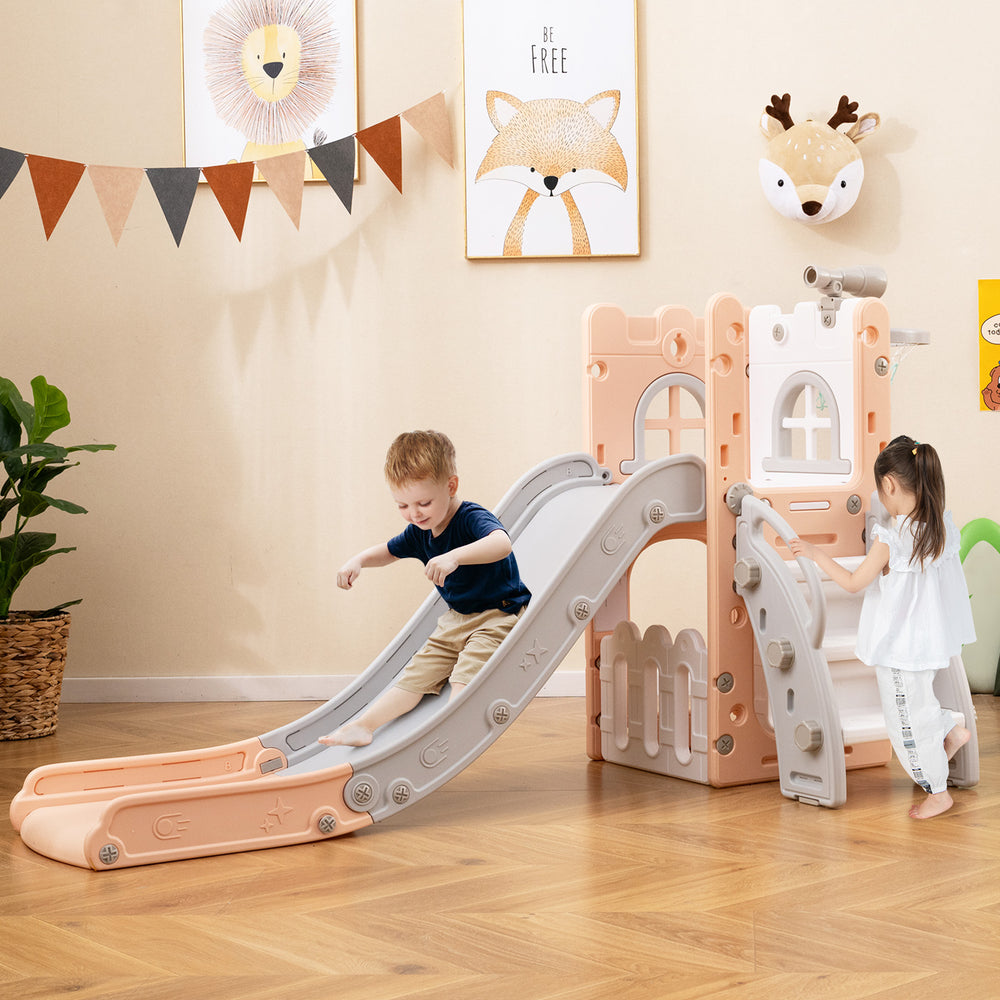 L-shaped toddler slide playground in pink with climbing ladder, basketball hoop, and safe non-slip steps for active.