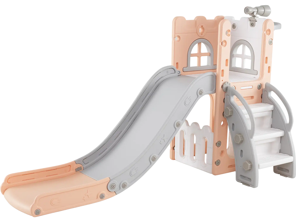 L-shaped toddler slide playground in pink with a basketball hoop, ladder, and safe non-slip steps for active play.
