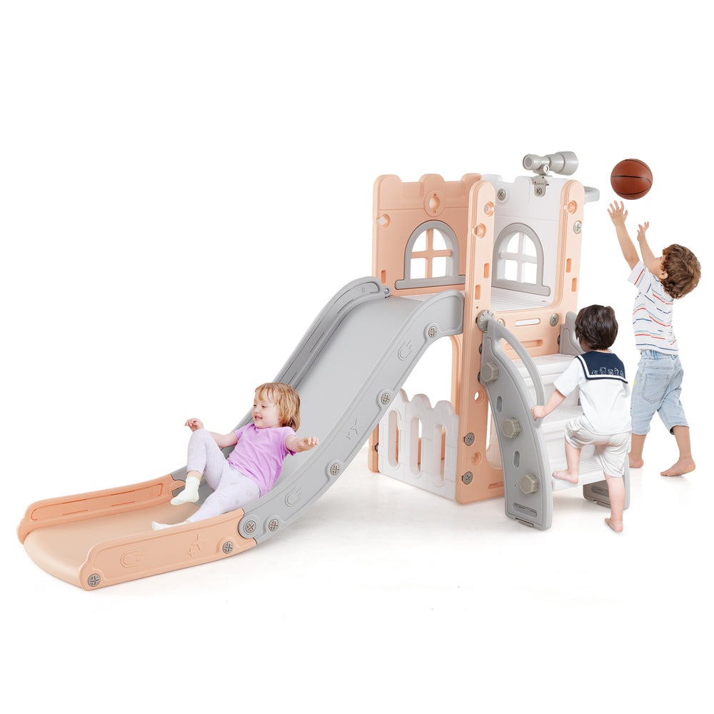L-shaped toddler slide playground in pink with basketball hoop, slide, and climbing features for safe play and skill.