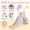 L-shaped toddler slide in pink with basketball hoop, climber, and telescope, designed for safe and fun play.