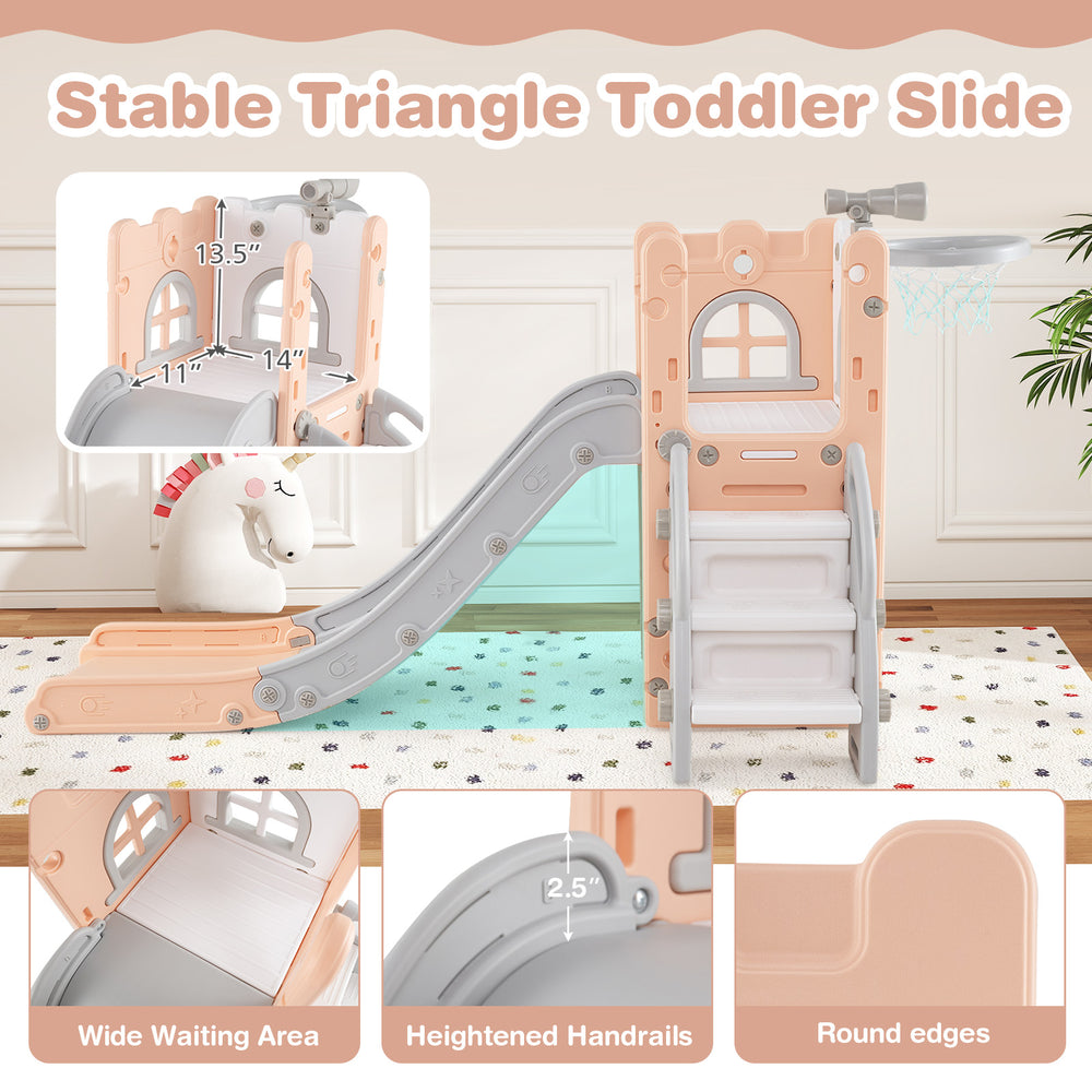 Toddler slide with basketball hoop, featuring a stable triangle structure and wide waiting area for safe play.