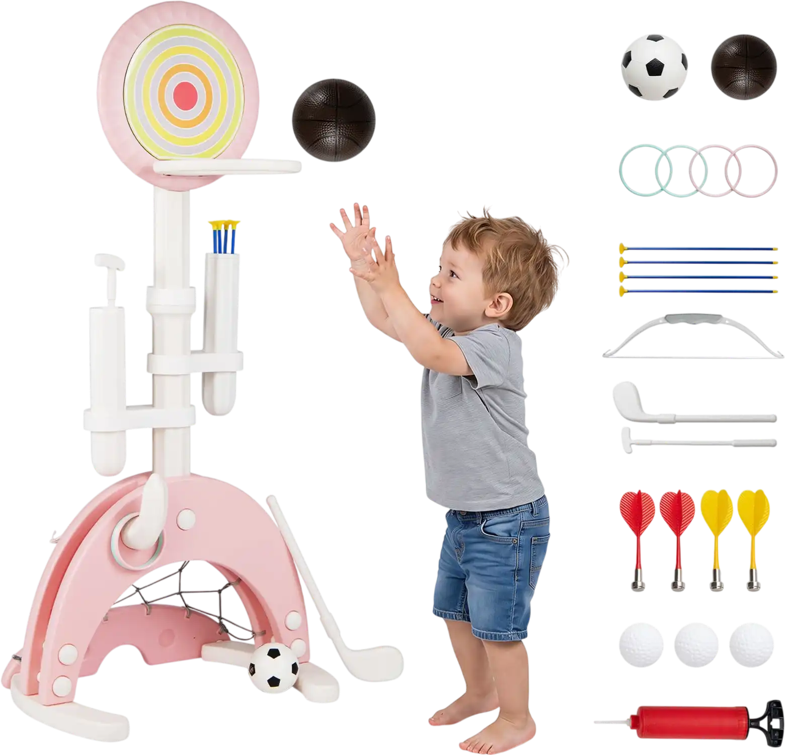 Costway 6-in-1 Toddler Sports Activity Center Basketball Hoop Adjustable Height Indoor/Outdoor 94131833 New