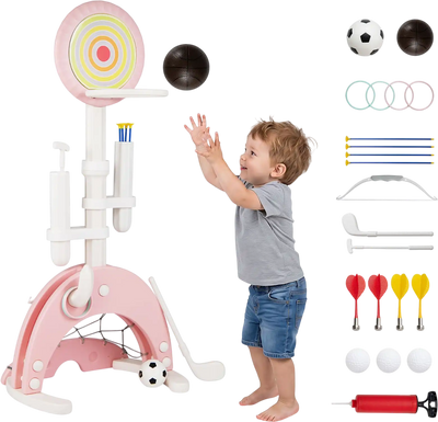 Costway 6-in-1 Toddler Sports Activity Center Basketball Hoop Adjustable Height Indoor/Outdoor 94131833 New