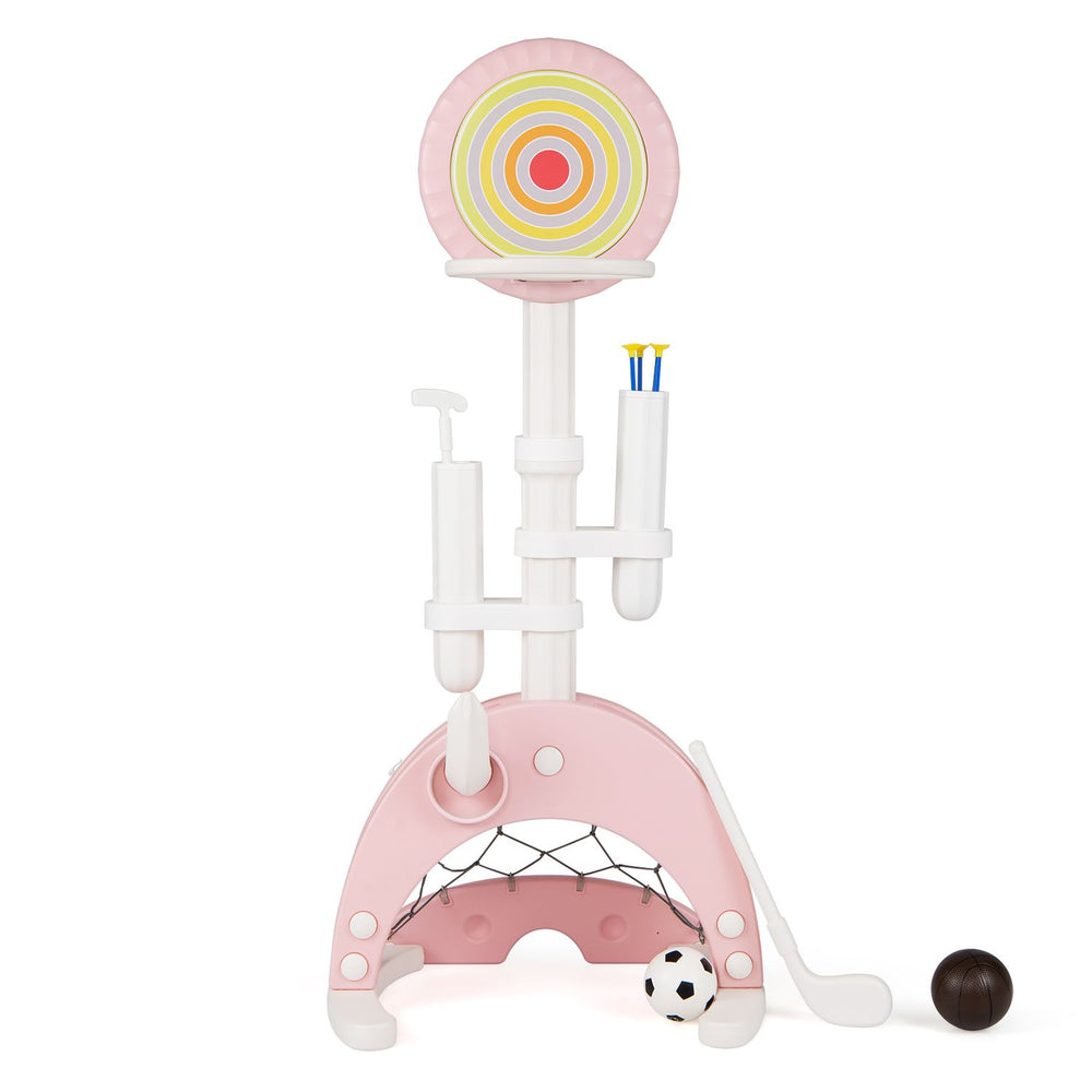 6-in-1 toddler basketball hoop in pink features adjustable height and multiple sports options for indoor and outdoor play.